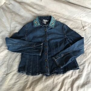 Coldwater Creek Denim Jacket PS Small petite Beaded Velvet Collar Snap front